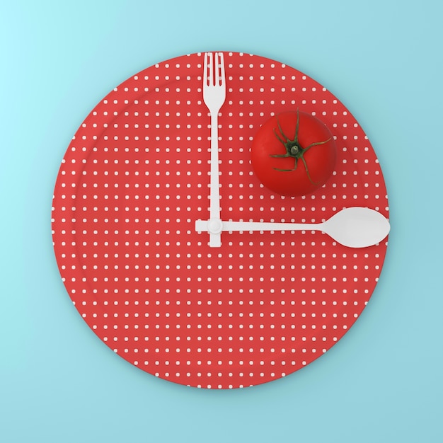 Pomodoro sul piatto rotondo rosso del modello del punto con il cucchiaio e la forchetta sotto forma di orologio