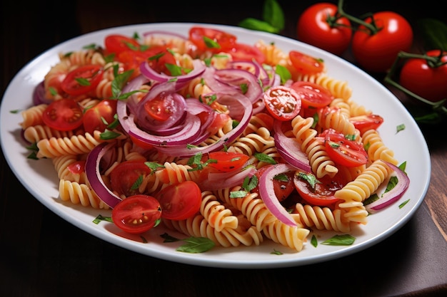 Tomato and red onion pasta salad