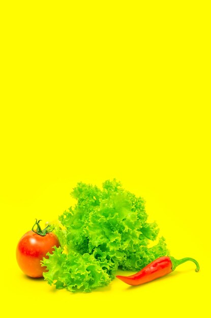 Tomato red pepper and lettuce on yellow backgroundvegetables and ingredients