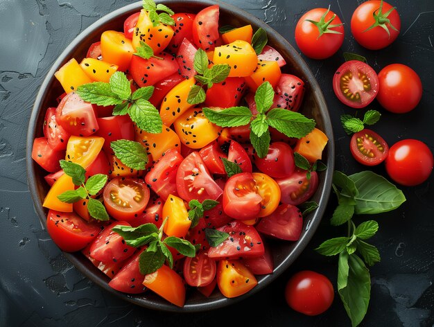 Tomato salad with basil and pepper in a bowl on a dark background top view