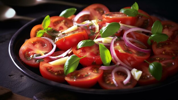 Tomato salad with feta cheese onion and basil on black plate