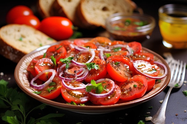 Foto insalata di pomodori con cipolla rossa e salsa piccante