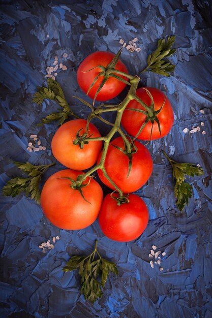 Tomato, salt and parsley on blue concrete background. Selective focus