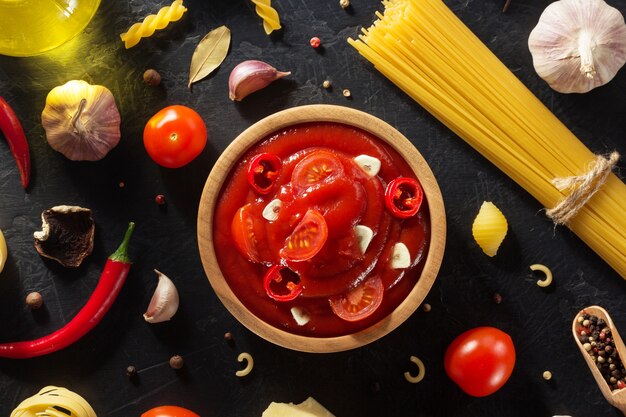 Tomato sauce in bowl on black background texture