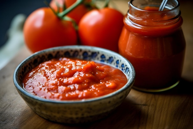 Foto salsa di pomodoro in una ciotola e in un barattolo di vetro