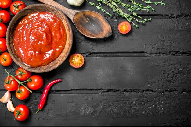 Tomato sauce in bowl with spoon herbs and pepper