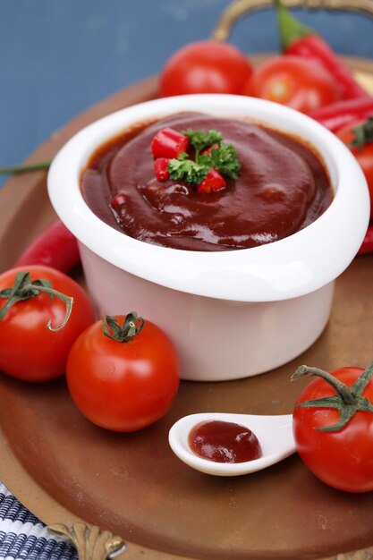 Tomato sauce in bowl on wooden table closeup