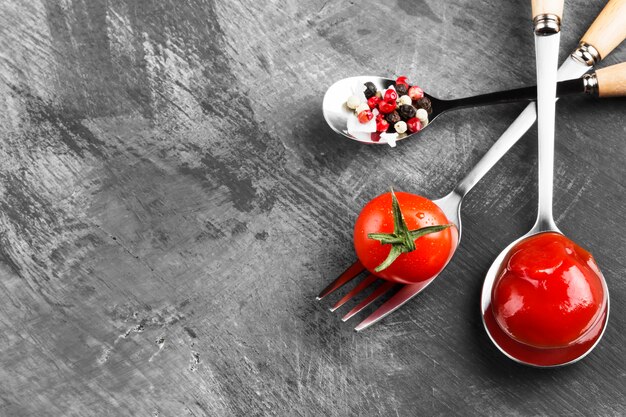 Tomato sauce, cherry, spices in fork and spoons on a dark background. Copy space. Food background.