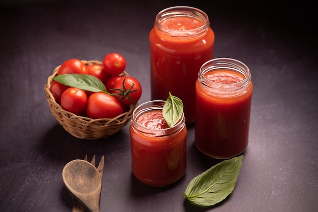 Tomato sauce in a glass jar close up