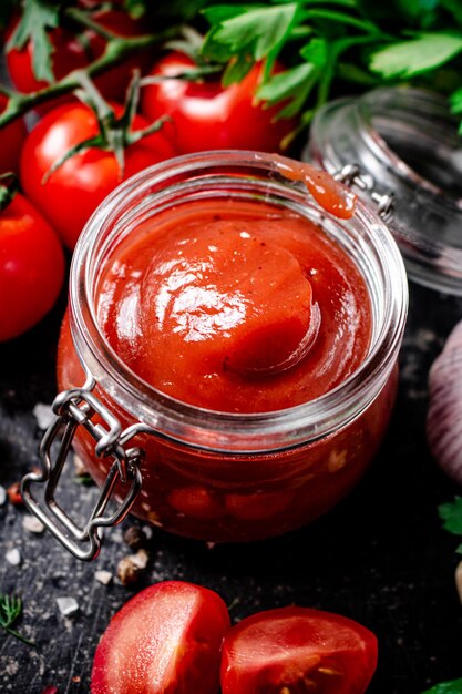 Tomato sauce in a glass jar with parsley and garlic