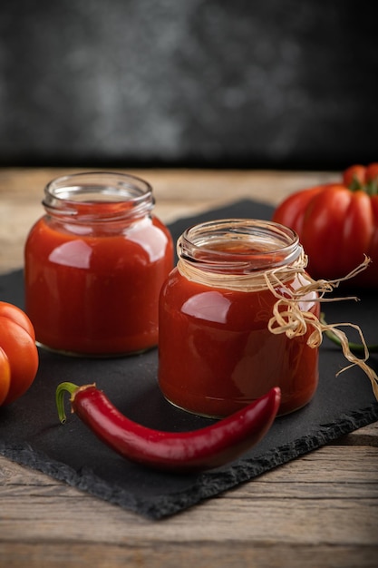 Photo tomato sauce in a glass jar