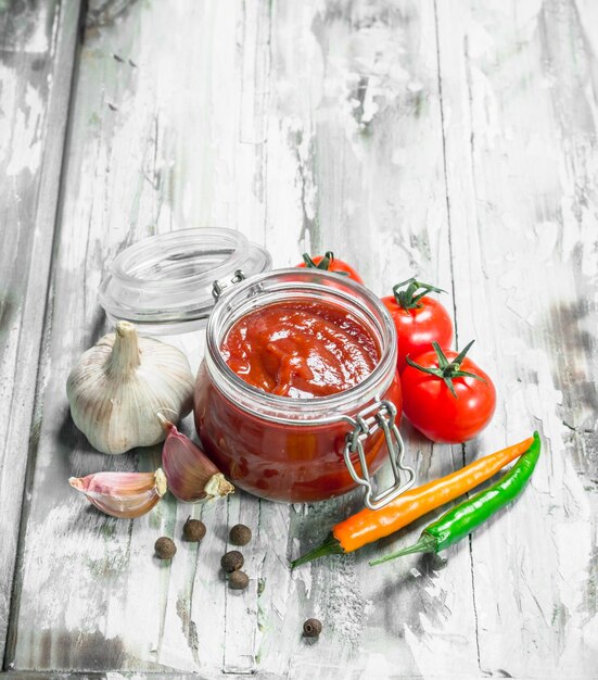 Salsa di pomodoro in barattolo e spezie