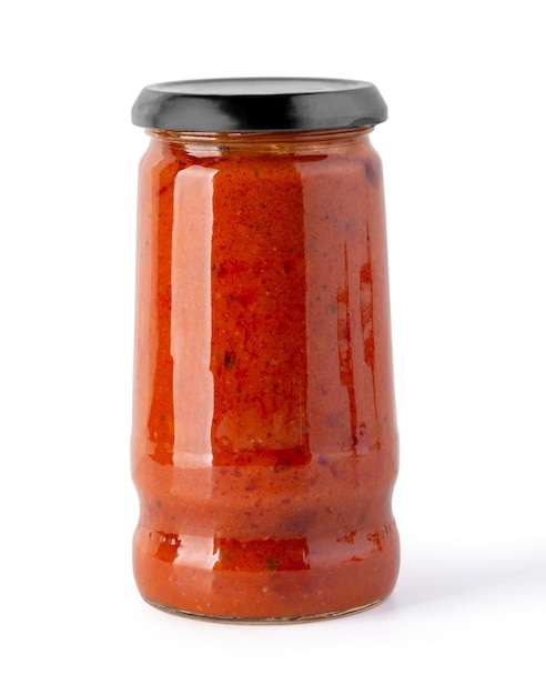 Tomato sauce jar on white background