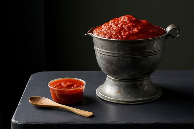 Photo tomato sauce in metal bank and on a table on dark background