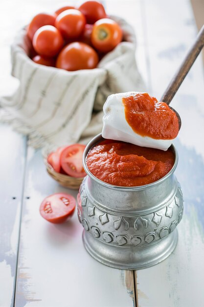 Photo tomato sauce in metal bank and on a table