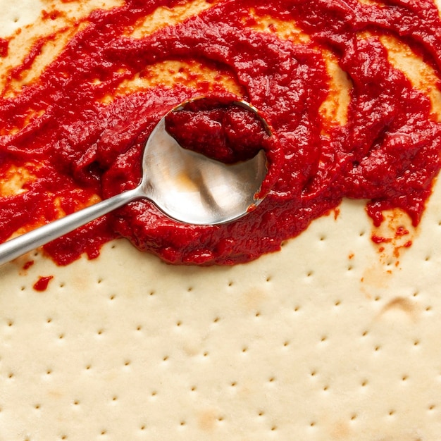 Foto salsa di pomodoro sulla disposizione della pizza