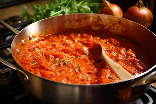 Tomato sauce simmering in a pan