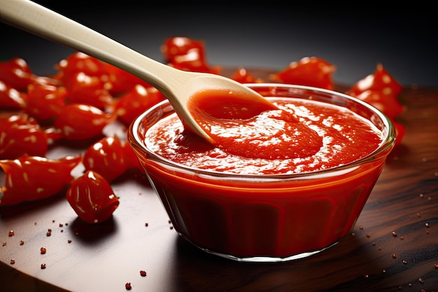 Tomato sauce splattered on a white surface with a wooden spoon and a bowl full of sauce