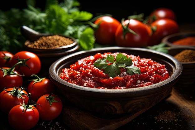 Salsa di pomodoro con specialisti tavolo con barattolo di pasta di pomodolo servito e riccamente dipinto