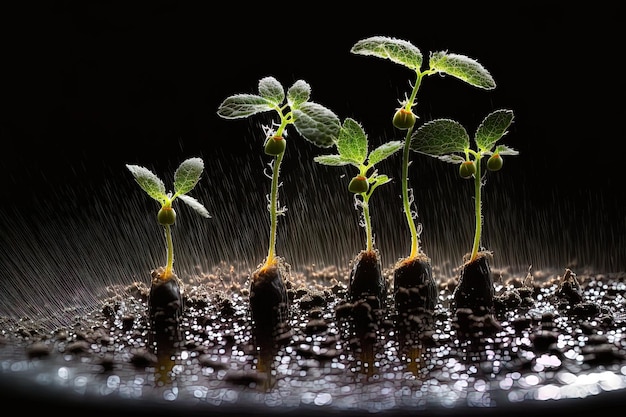 Tomato seedlings being watered on a black background