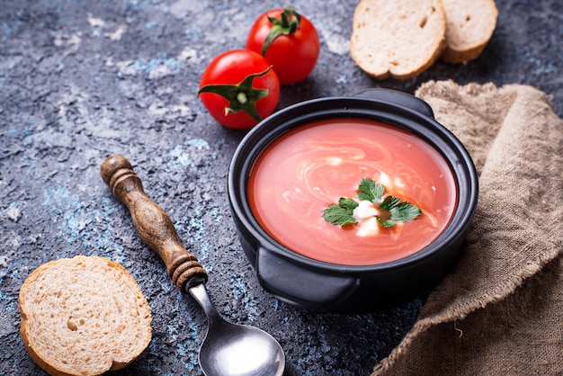 Tomato soup gazpacho in stewpan