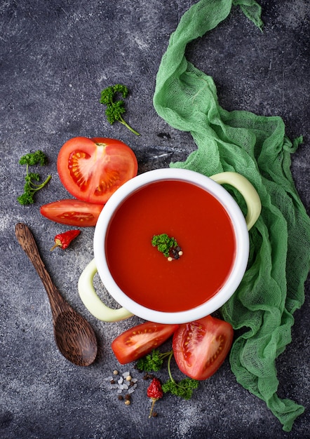 Tomato soup. Healthy vegan food. Selective focus