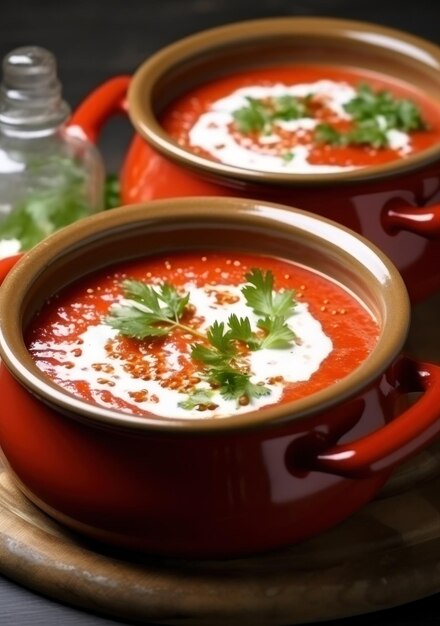 Foto zuppa di pomodoro in una padella foto stock luce indigo e bianco