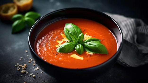 Tomato soup with basil in a bowl AI generated image