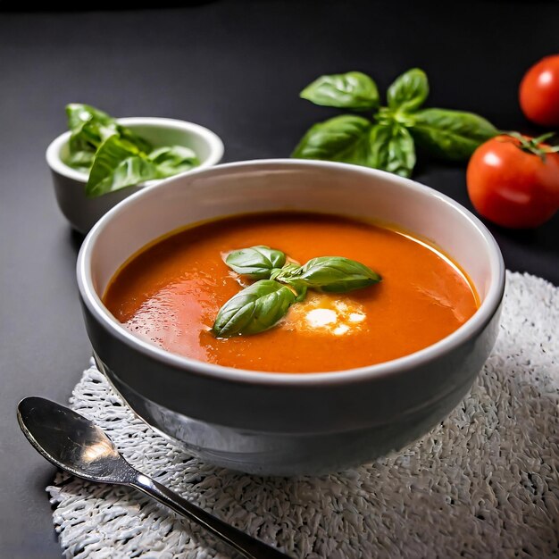 tomato soup with basil in a bowl black background