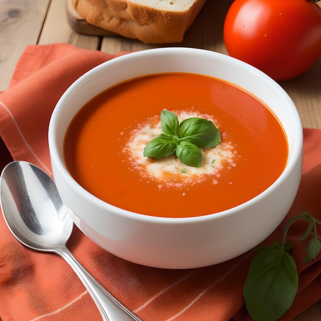 tomato soup with basil leaves