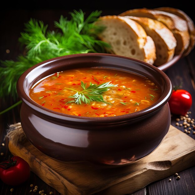 tomato soup with bread and basil