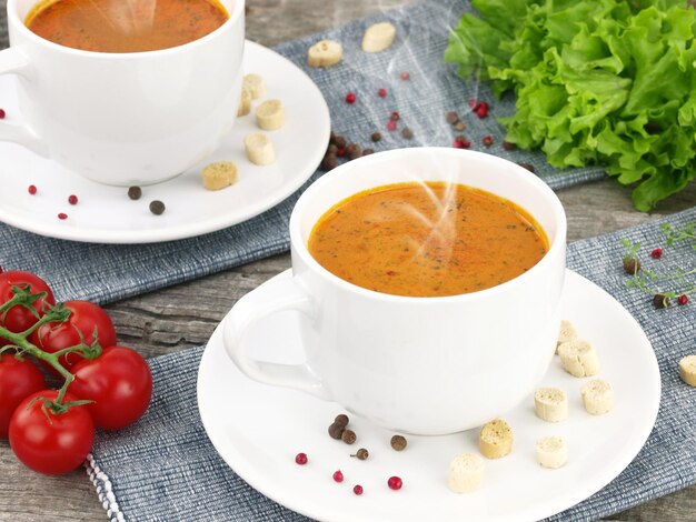 Tomato soup with fresh ingredients in a soup cup