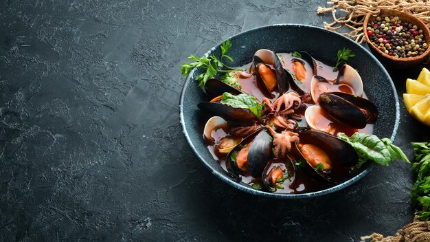 Tomato soup with seafood Mussels clams and octopuses In the old background Top view Free copy space