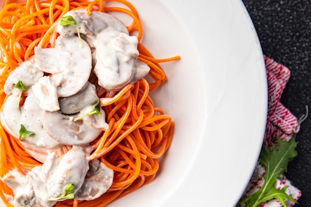 Tomato spaghetti pasta with mushroom sauce healthy meal food snack on the table copy space food