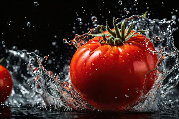 Tomato and splash of water on dark background