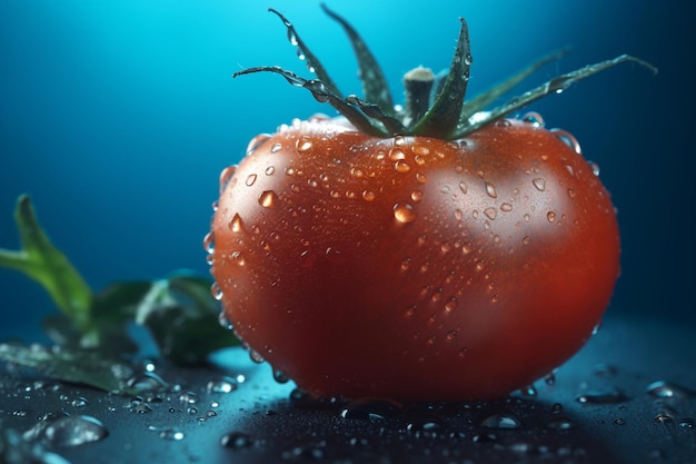 A tomato on a table covered in water droplets