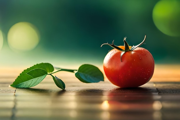 A tomato on a table with a leaf next to it