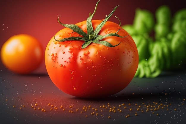 A tomato on a table with a red background