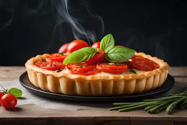 A tomato tart with basil and basil on top