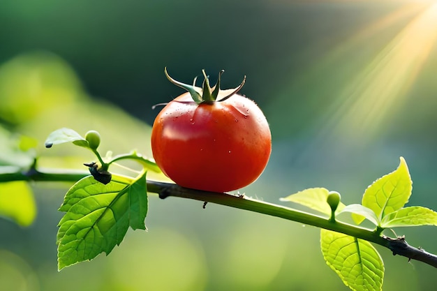 A tomato on a vine with green leaves