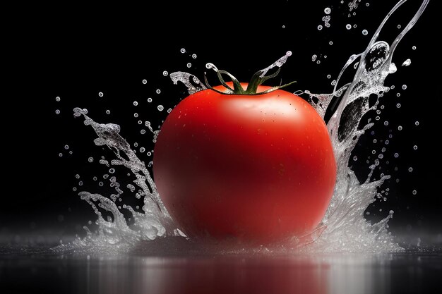 Tomato and water splash on a dark background Studio shot with freeze motion drops Generative AI