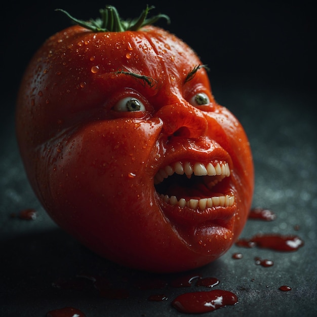 Foto un pomodoro con una faccia disegnata è coperto di sangue