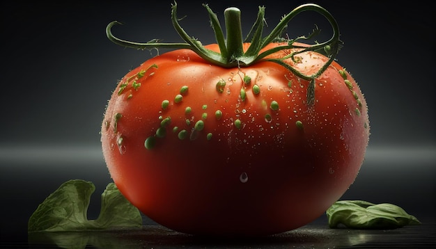 A tomato with green leaves on it