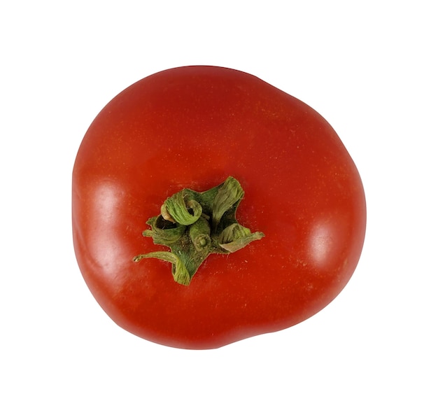 A tomato with a green stem is on a white background