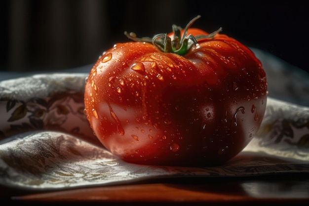 A tomato with water droplets on it