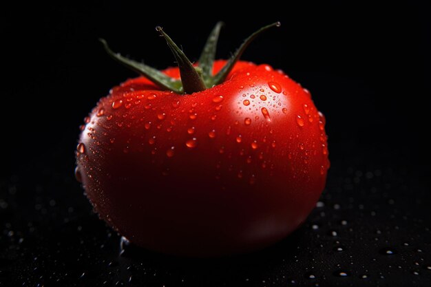 Tomato with water drops on a black background