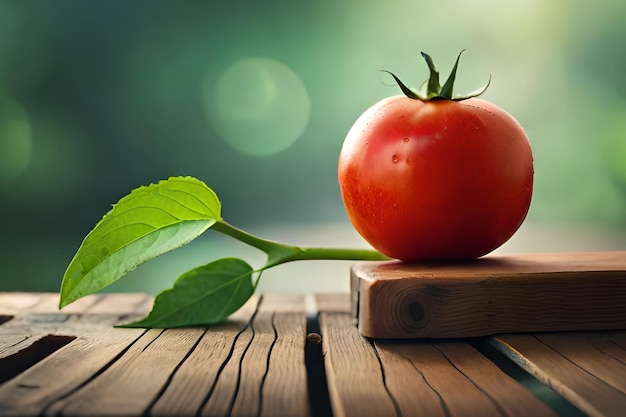 A tomato on a wooden table with a leaf next to it