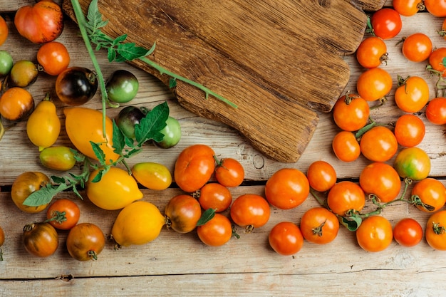 Tomatoes are different varieties on a wooden background