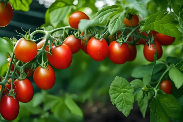 Tomatoes are growing on a vine