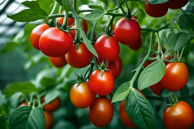 Tomatoes are grown in a greenhouse